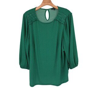 Adrianna Papell Green Polka Dot Blouse Womens size 1X Keyhole  3/4 Sleeve knit